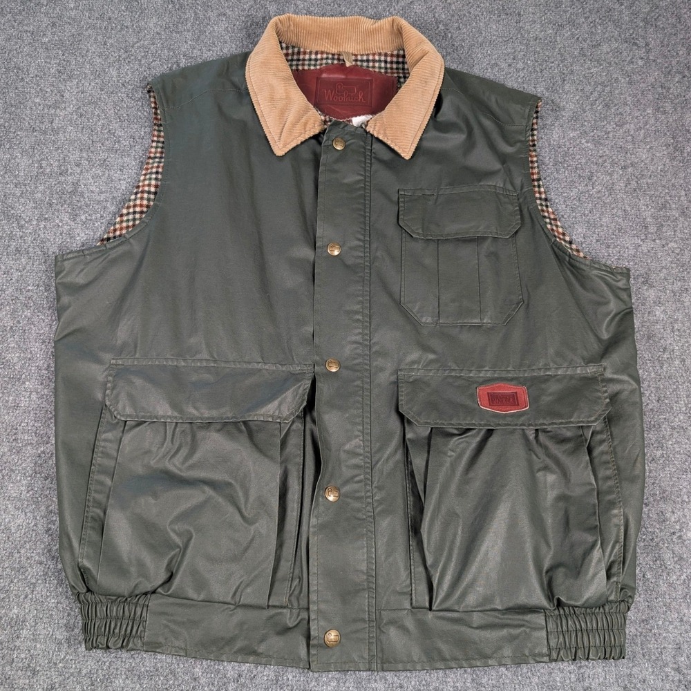 Woolrich Waxed Cotton Hunting Vest Mens Large Green Plaid Lined Made in USA